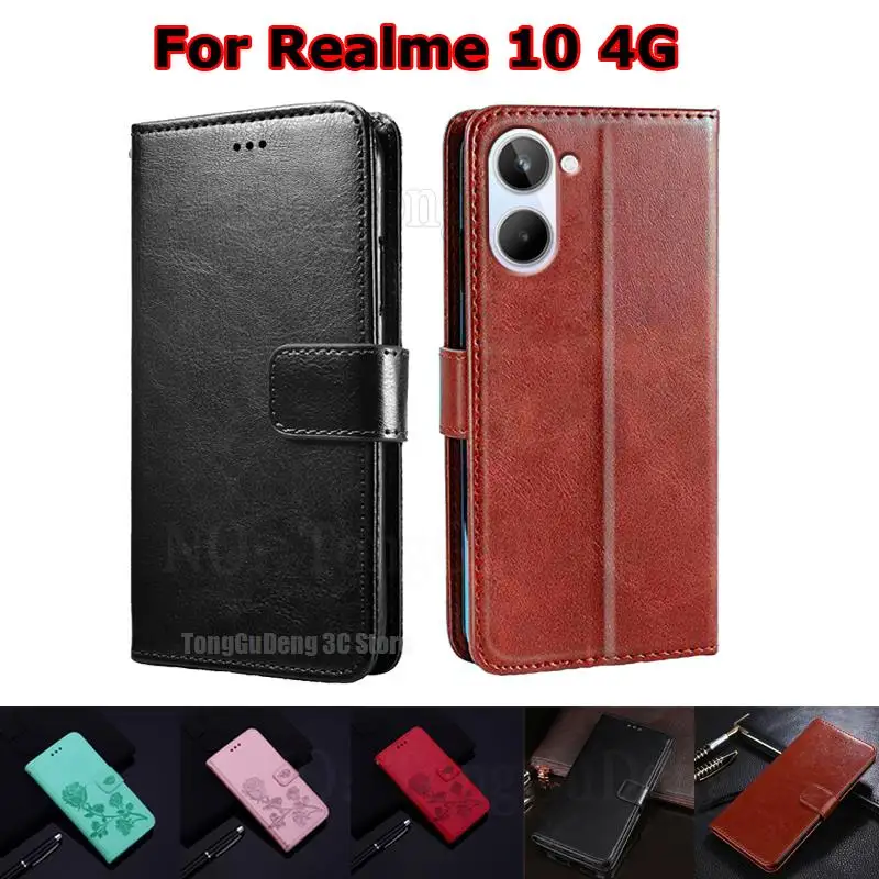 on Etui Realme 10 4G 2022 Wallet Case Kickstand PU Leather Flip Phone Cover For Carcasas Realme10 Realmi 10 4G 6.4" Mujer Fundas