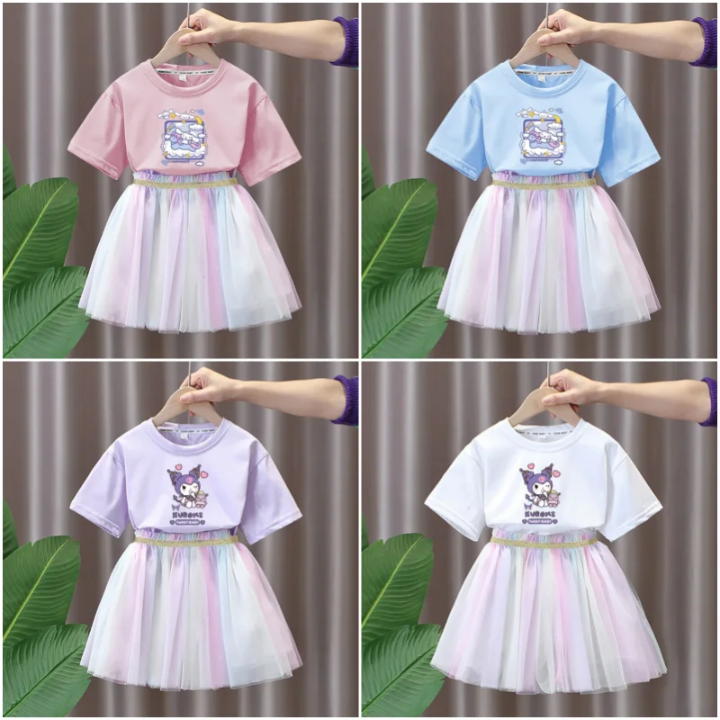 

Sanrios Cinnamoroll Kuromi Children Summer Clothing Short Sleeve Cartoon Anime Cute Girl Princess Style T-shirt Gauze Skirt Suit