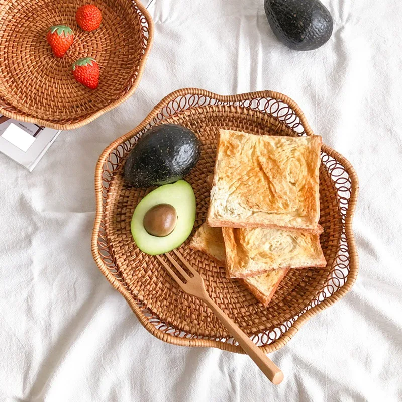 

Fruit And Vegetable Storage Round Wicker Baskets Rattan For Serving Tray Breakfast Rattan Hand-Woven Snack Baskets