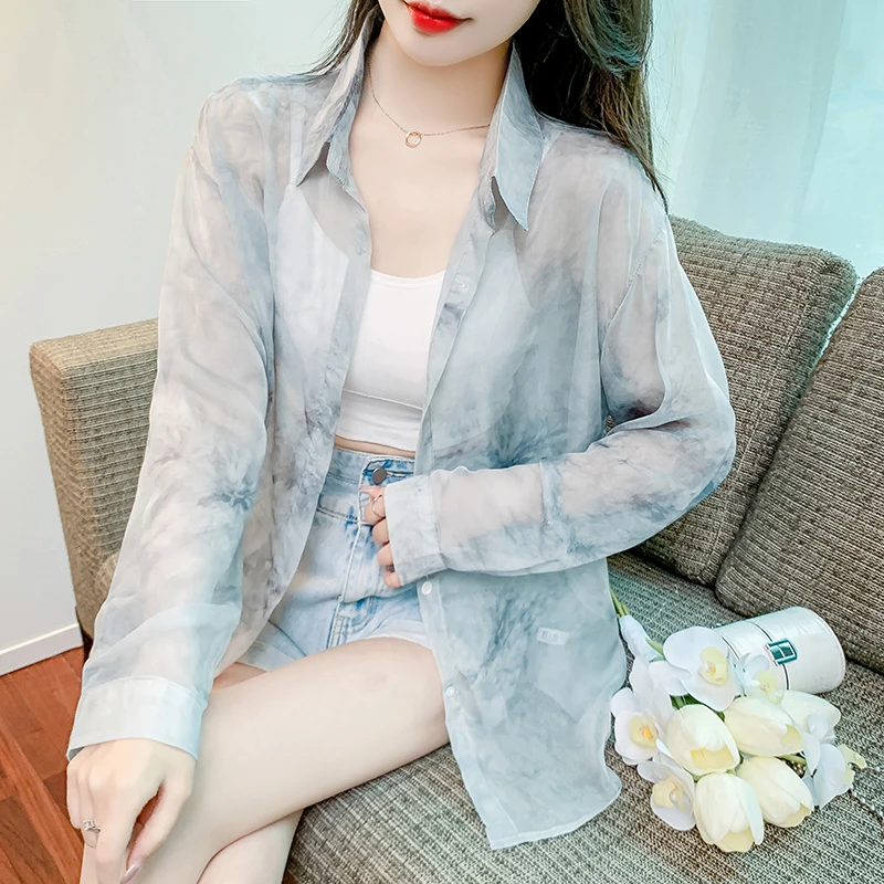 

2023 New Summer Thin Long Sleeve Blouse Vintage Sunscreen Shirt for Women Fashion Tie Dye Tops Loose Button Clothes Blusas 27253