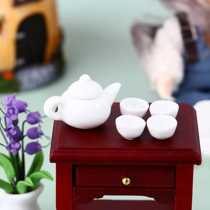 

1:12 Dollhouse Miniature Tea Set Ceramics Teapot Tray 3/4 Tea Bowls Cups Pot Set Coffee Tea Cups For Dollhouse Accessory White