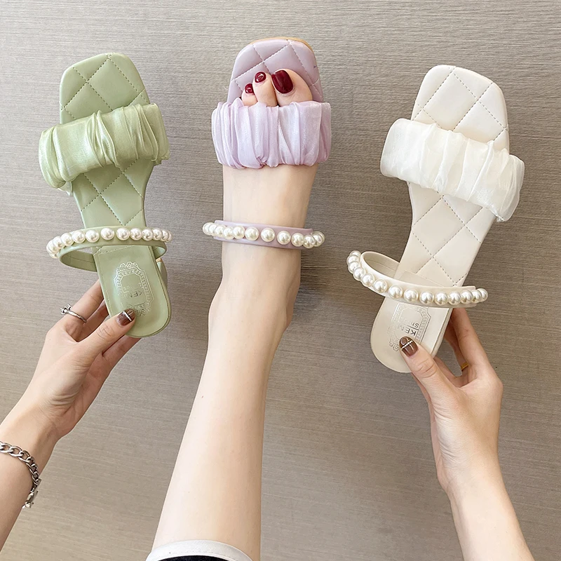 

Slippers Casual Shoes Slides Slipers Women Heeled Mules String Bead Lace Luxury 2022 High Bonded Leather Rubber PU Hoof Slippers