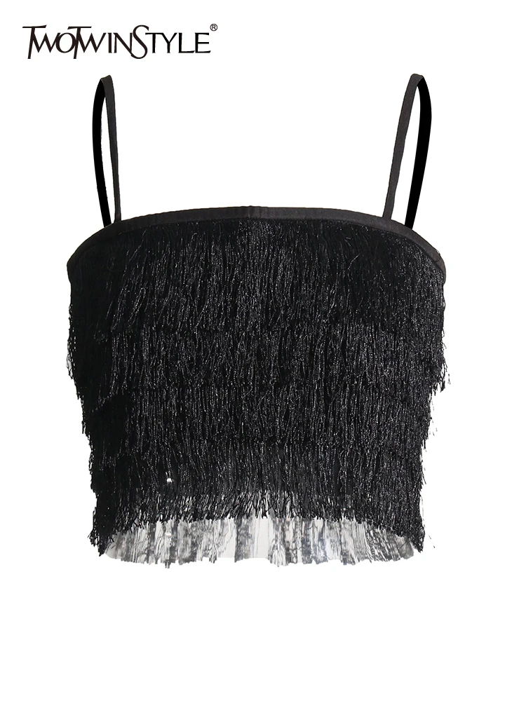 

Женский топ с квадратным воротником TWOTWINSTYLE, однотонный Тонкий минималистичный Топ без рукавов с кисточками, летняя одежда