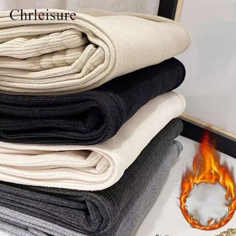 

CHRLEISURE Casual Warm Winter Women Pants Fleece Thermal Thick Women Wide Leg Pants High Waist Slimmer Solid Women Trousers