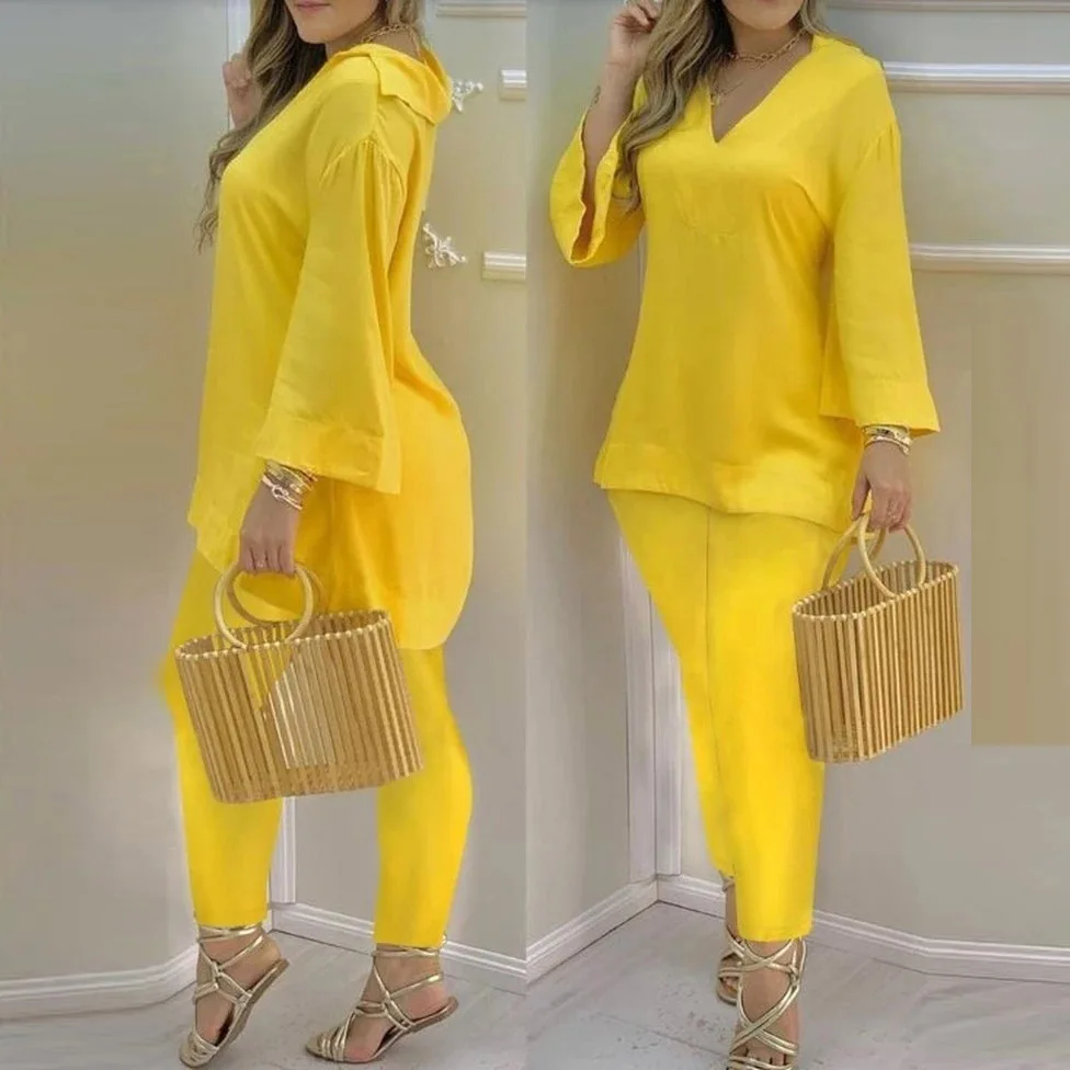 

Solid Color Flare Long Sleeve V Neck Blouse Pant Sets Fashion Women Office Straight Long Trousers Matching Set