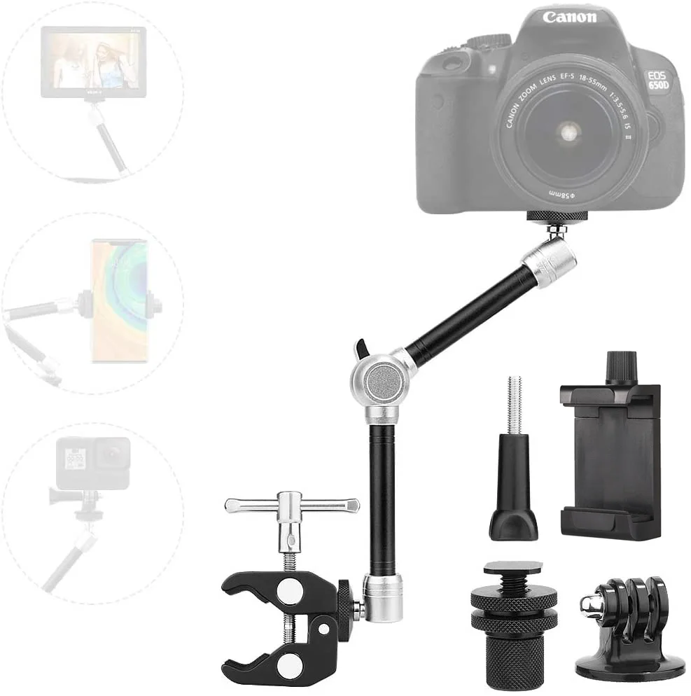 

11" Adjustable Robust Articulating Friction Magic Arm Clamp Holder Mounts Kit for DSLR/Mirrorless/Action Camera/Video Vlog Rigs