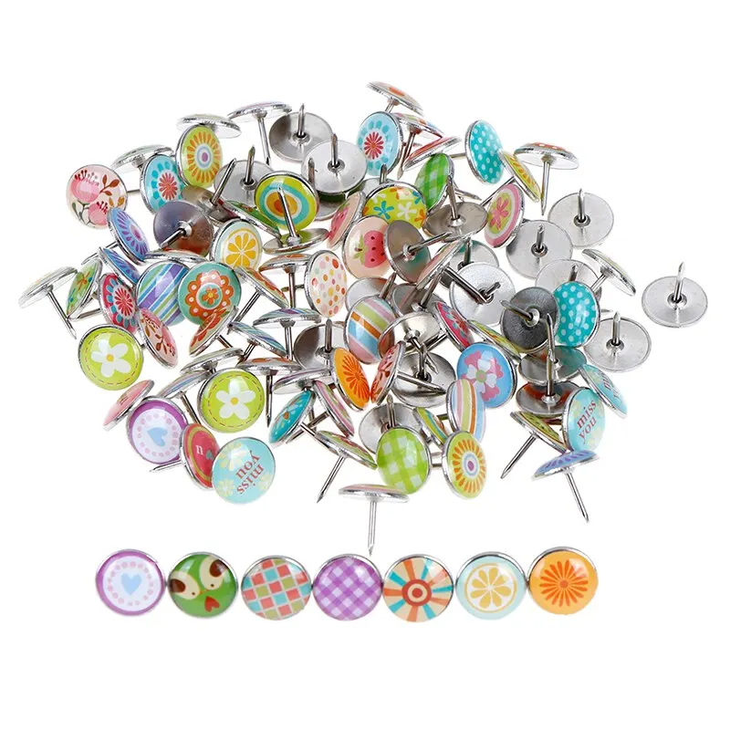 

100pcs Fruits Flowers Colored Metal Push Pins Assorted Paper Map Cork Board Capped Fixing Thumbtack Pin Office School Supplies