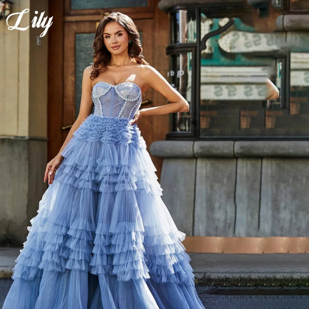 Вечернее платье Lily Blue Net многоуровневое вечернее с бантами для свадьбы милое без