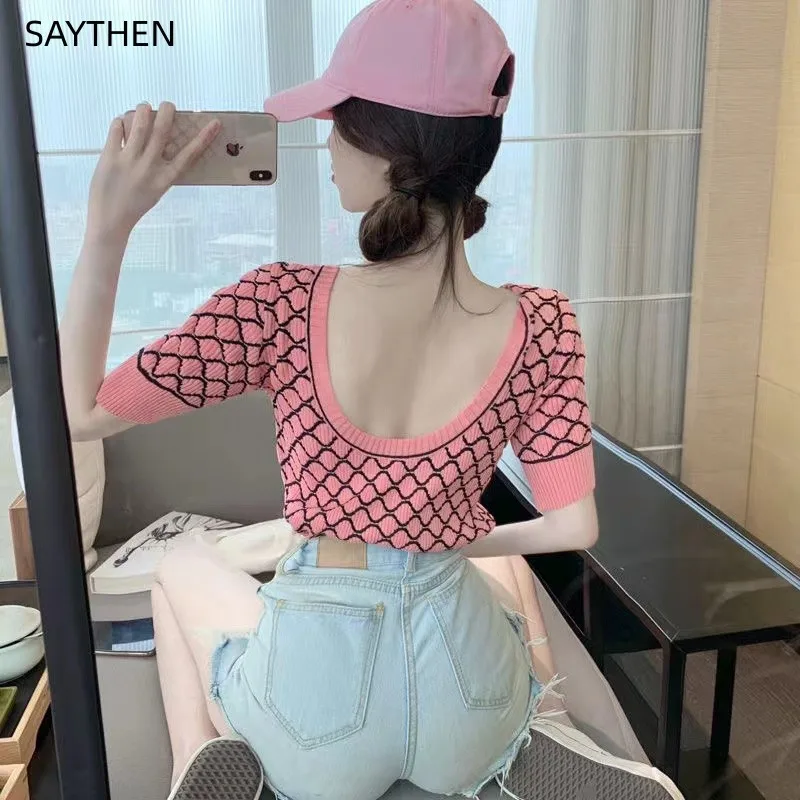 

SAYTHEN Female 2023 Summer Korean Version New Short Sexy Backless Short Sleeved Sweater Thin Ice Silk Versatile Top For Women