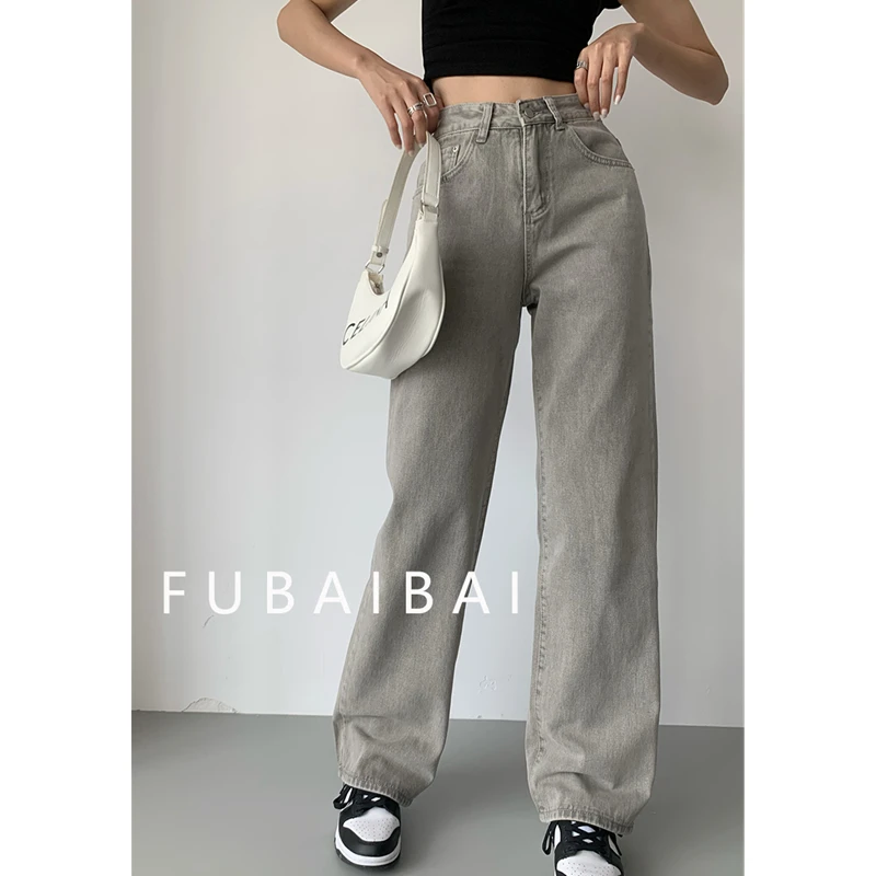 Grey Womens Jeans High Waist Vintage Straight Baggy Denim Pants Streetwear American Style Fashion Casual Wide Leg Denim Trouser images - 6