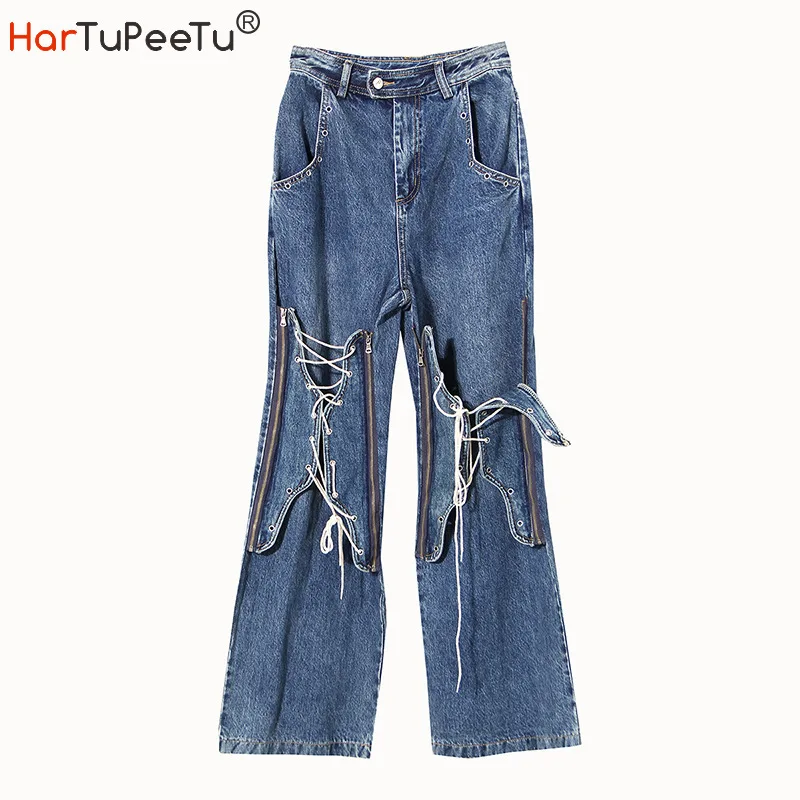 Jeans Women High Waist 2022 Autumn Denim Flare Pants Zipper Cross Bandage Pockets Long Trousers Streetwear