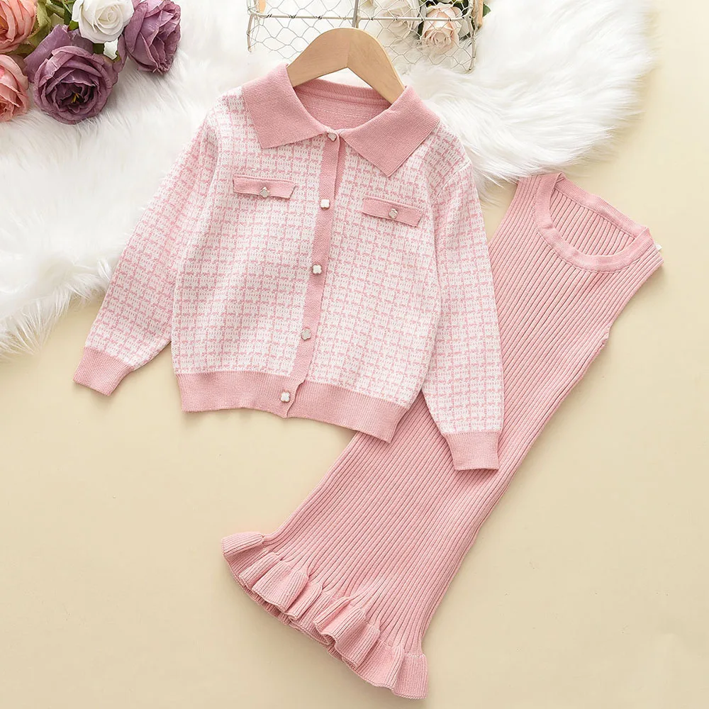 

Рождественский красный комплект для девочек, детские наряды, осенне-зимний теплый свитер, кардиган и однотонное платье, комплекты из 2 предм...