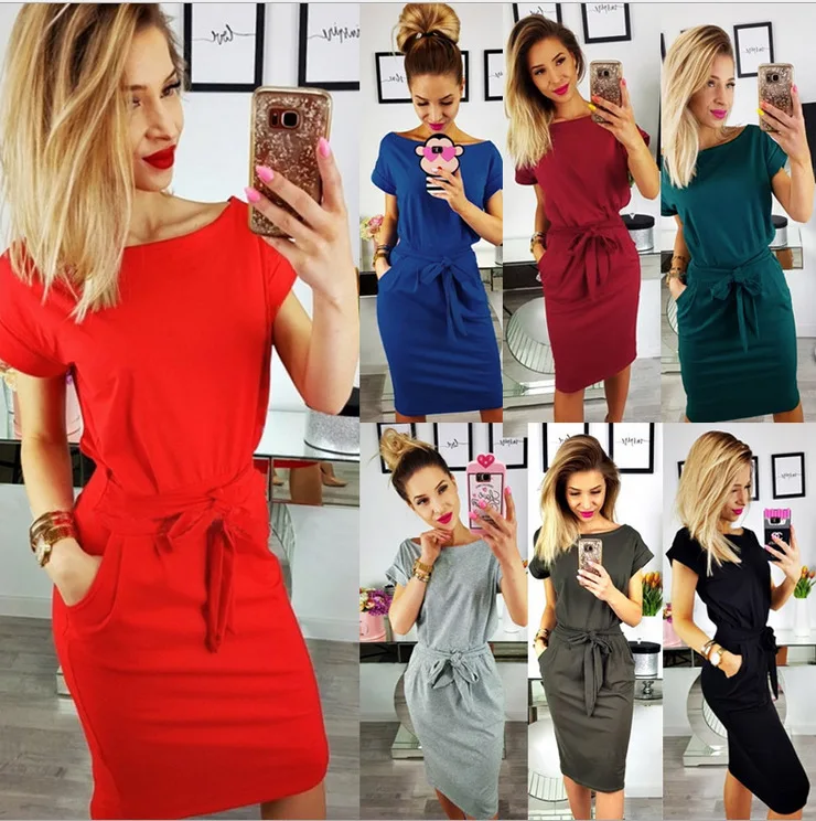 

2022 Summer Fashion Lace Up Round Neck Pocket Dress