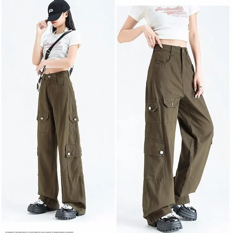 Cargo pants women's American lazy casual sports pants women's spring and autumn high waist loose straight wide leg trousers