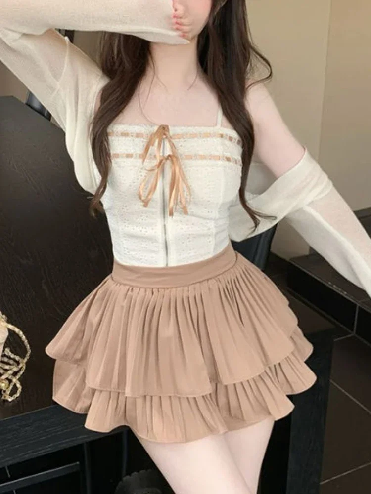 

Summer Sweet Party 3 Piece Set Women Y2k Elegant Strap Mini Skirt Suit Female Korean Style Solid Hight Waist Skirt Suit 2023 New