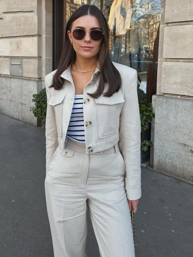 RDMQ 2023 Solid Short Jacket Set Women Elegant Long Sleeve Coat High Waist Straight Pants Spring Casual Female White Outerwear