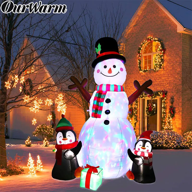 OurWarm 6ft Christmas Inflatables Decoration Outdoor Snowman Penguin Blow Up Yard with Rotating LED Lights For Yard Garden Decor