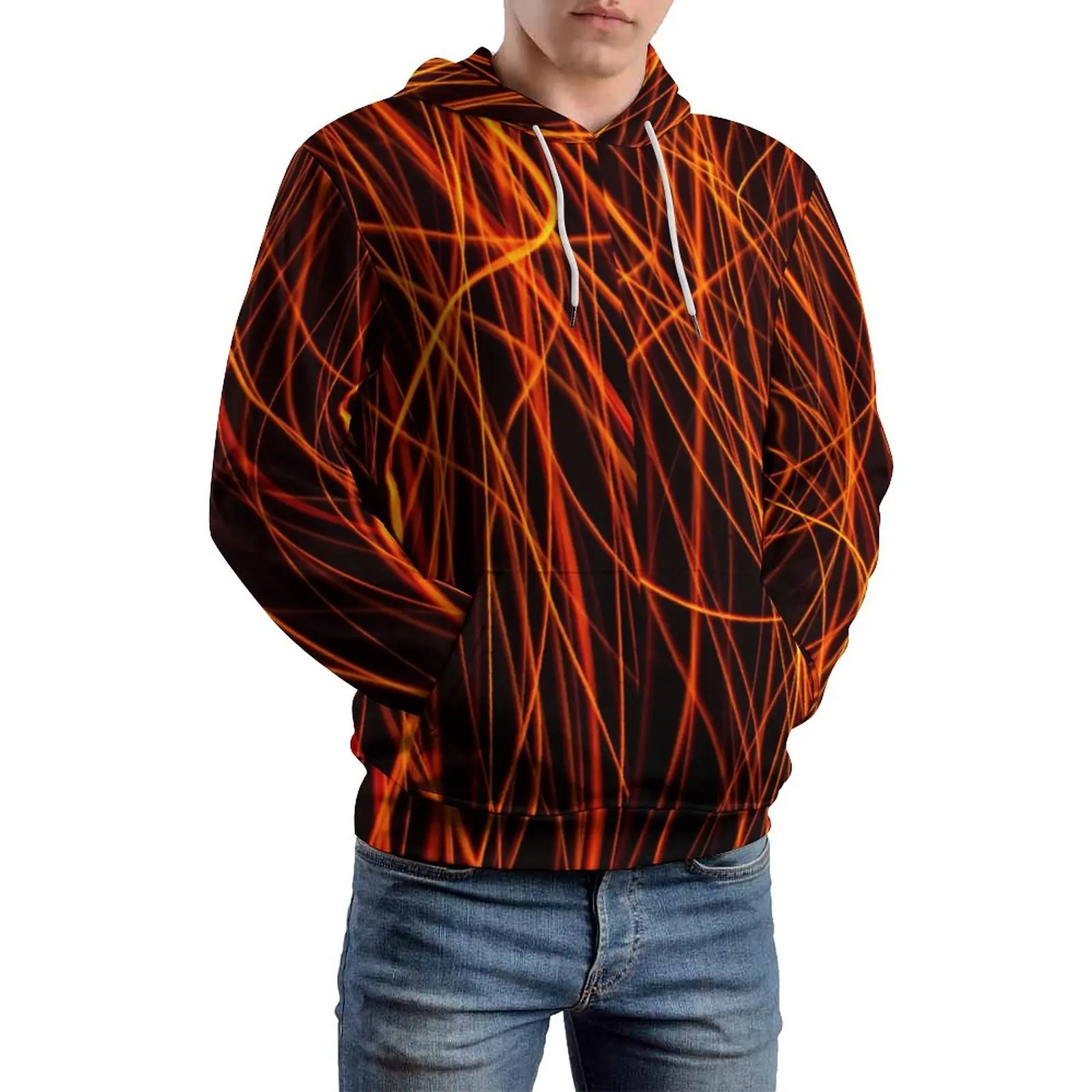 

Hot Fire Loose Hoodies Red Lines Print Casual Pullover Hoodie Men Long Sleeve Funny Custom Hooded Sweatshirts Plus Size 4XL 5XL