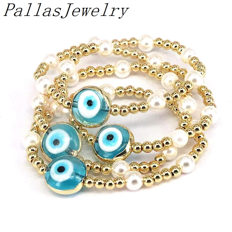 

6Pcs Turkish Lampwork Glass Round Eye Bracelets Gold Beads Shell Pearl Stretch Bangle Hand Bracelet For Women Men Gift