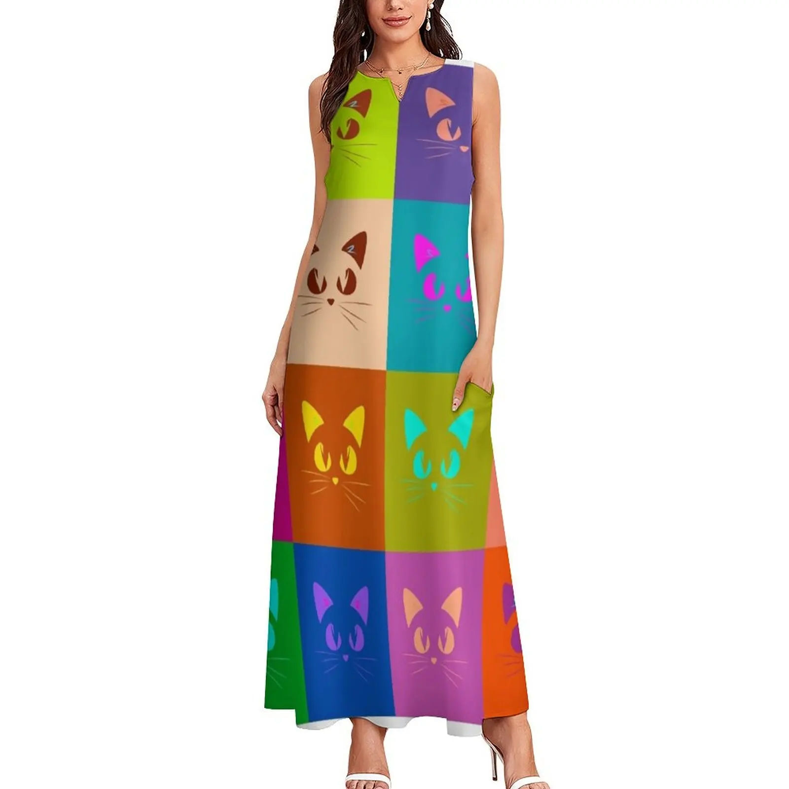Кошки поп-арт ини волновой стиль - бестселлер Длинное платье летнее женское 2025
