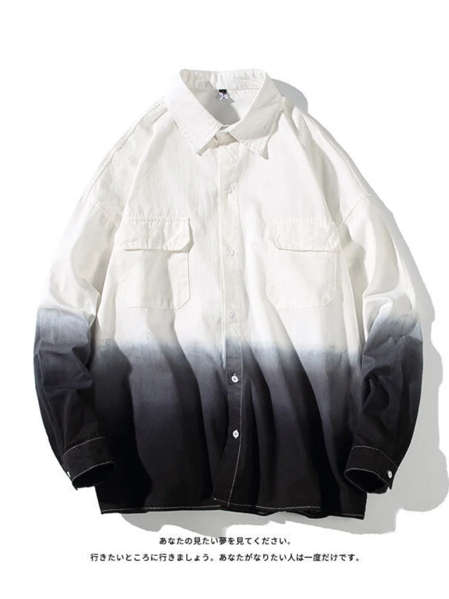 100% Cotton Men's Clothing Shirt Oversized Loose Young Fashion Gradient with Long Sleeve Shirt Casual Printed Shirt