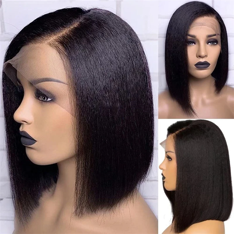 Yaki Synthetic Blunt Short Bob Soft Glueless Kinky Straight Natural Black 13x6 Lace Front Wig For Women Babyhair Daily Cosplay