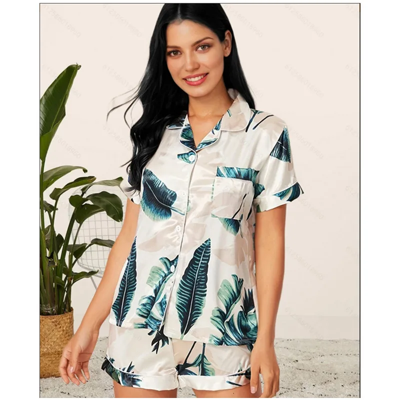 Two Piece Set Pajamas for Women Striped Satin Silk Sleepwear Pyjamas Pjs Short Suit Summer Leopard Print Loungewear Home Clothes