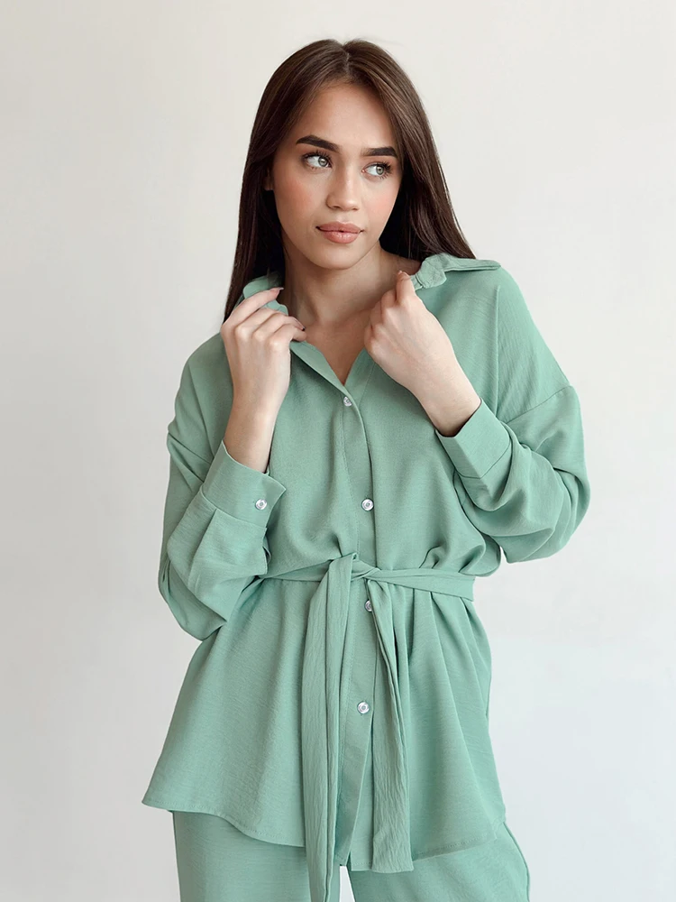 

Пижама Hiloc Женская однотонная с длинным рукавом, однобортная одежда для сна с поясом и лацканами, зимняя одежда, 2023