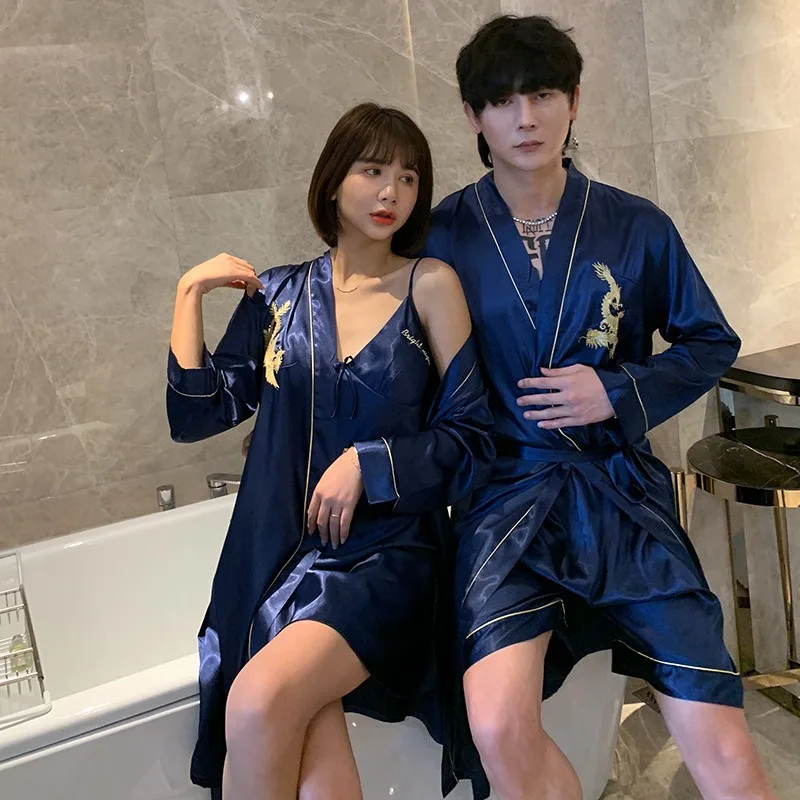

Couple Summer Pajamas Men Silk Robe Gown Suits Set Long Sleeve Shorts Robe Phoenix Dragons Couple Satin Bathrobe Silk Kimono