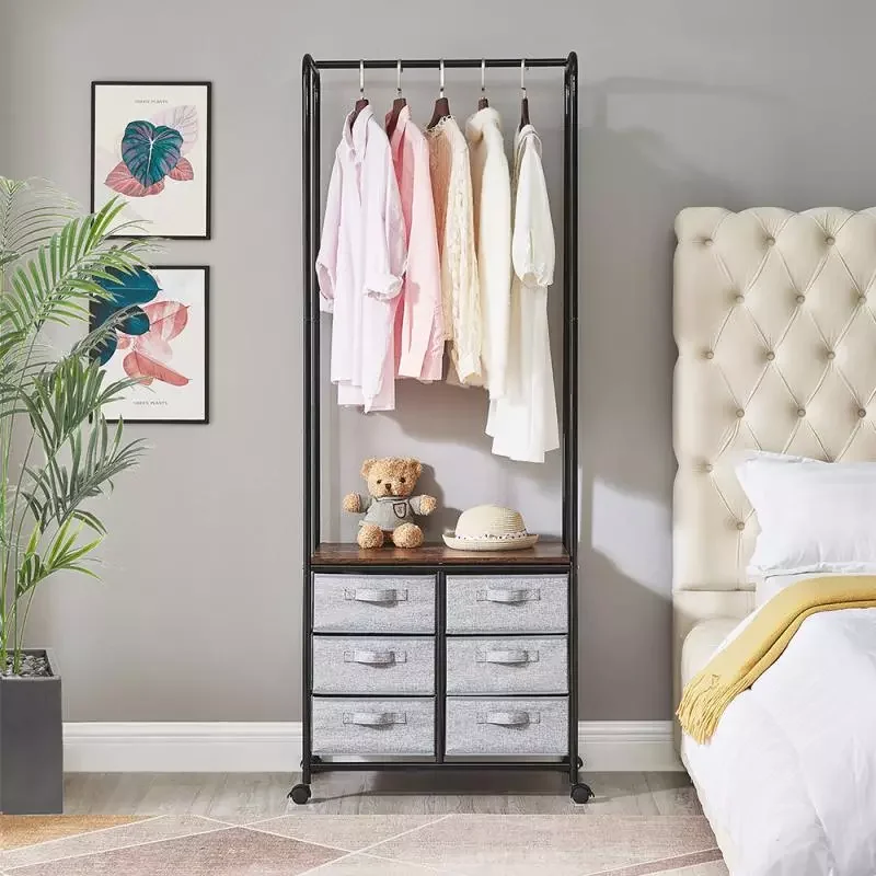 

Wardrobe Clothes Hanger Coat Rack Floor Hanger Clothing Drying Racks Six-grid Pull Bedroom Living Room Storage Rack HWC