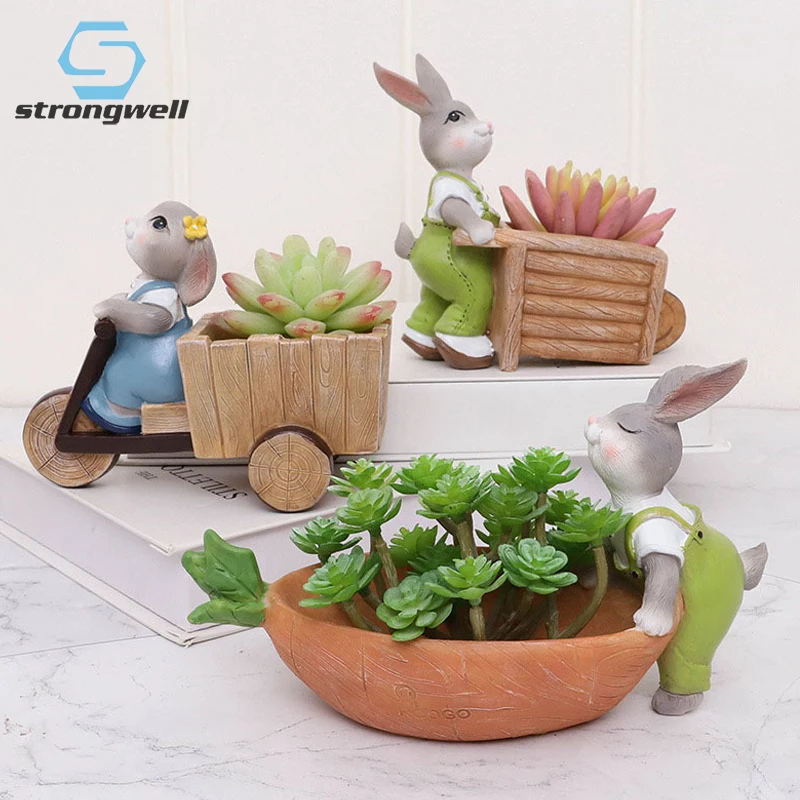 

Strongwell Resin Succulent Flowerpot Office Desk Decoration Micro-landscape Green Plant Cute Rabbit Potted Ornament Home Decors
