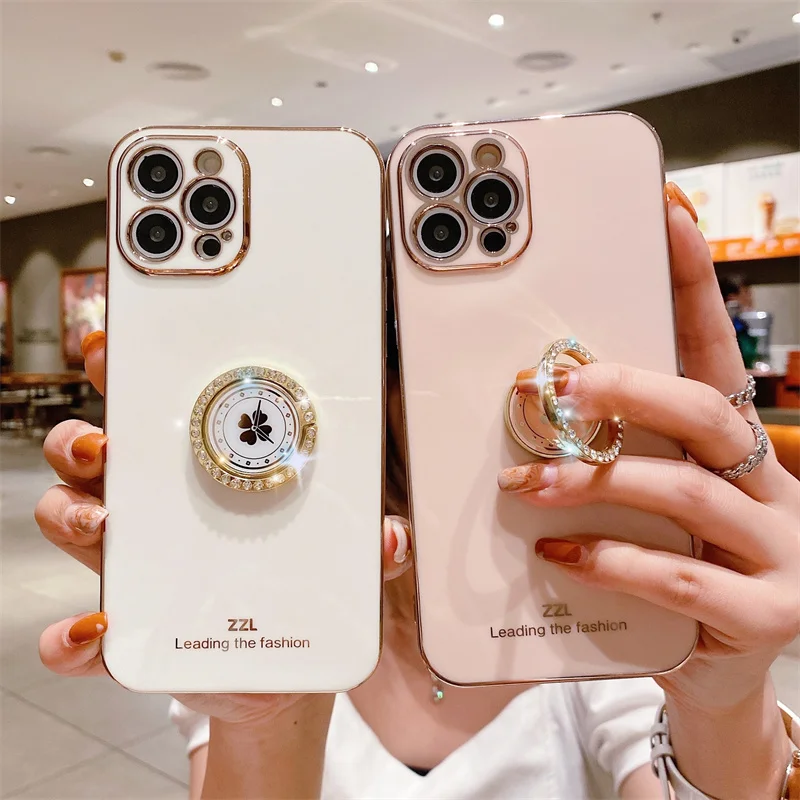 

Clover Diamond Plating Ring Holder Stand Soft Case For IPhone 14 Pro 13 12 11 Pro MAX XS XR X 6 6s 7 8 Plus 12 Mini SE 20 Cover