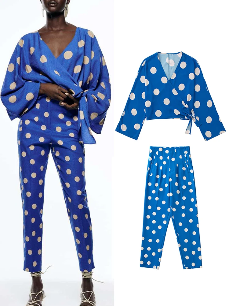 

Женский Брючный комплект Yiloyka, комплект из 2 предметов, блузка в горошек с бантом и брюки-султанки, Повседневная винтажная верхняя одежда с д...