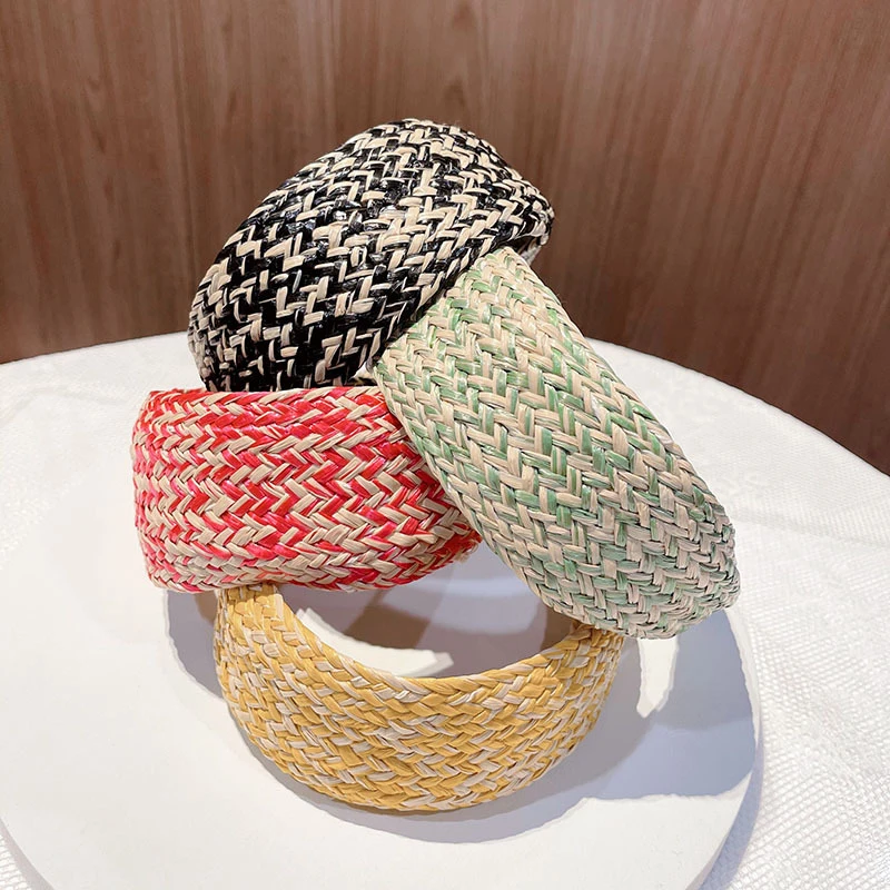 

Винтажная широкая повязка на голову с соломенным переплетением для женщин и девушек, модная тиара с узлом, аксессуары для волос