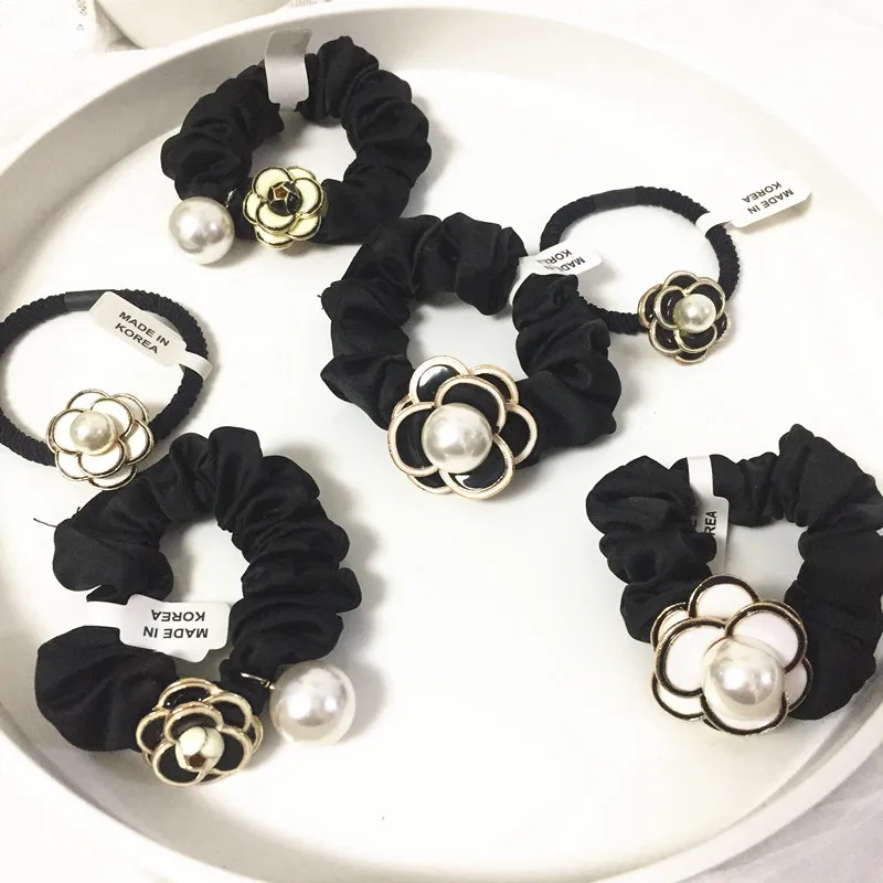 

White Big Pearl Flower Camellia Hair Ties Ropes Luxury Handmade Rose Alloy Elastic Hairband Princess Crystal Hair Accessories