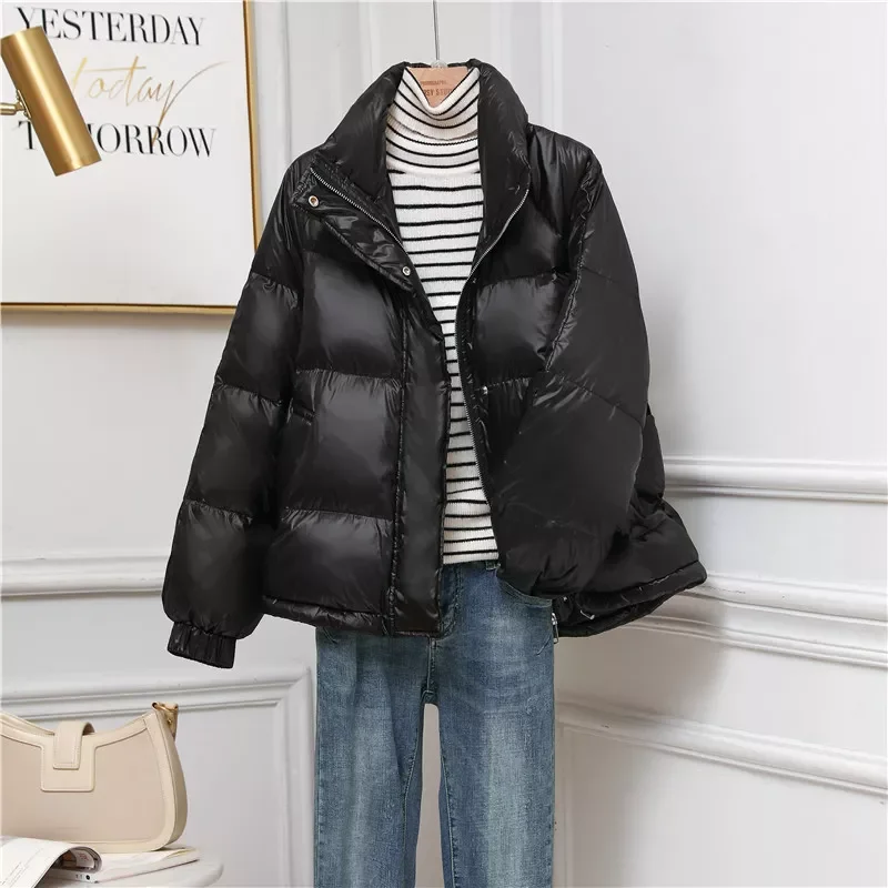2022NEW Short Down Jackets 2021 White Duck Down Coats Fashion Casual Loose Stand Collar Women Down Coats Shiny Female Down Parka