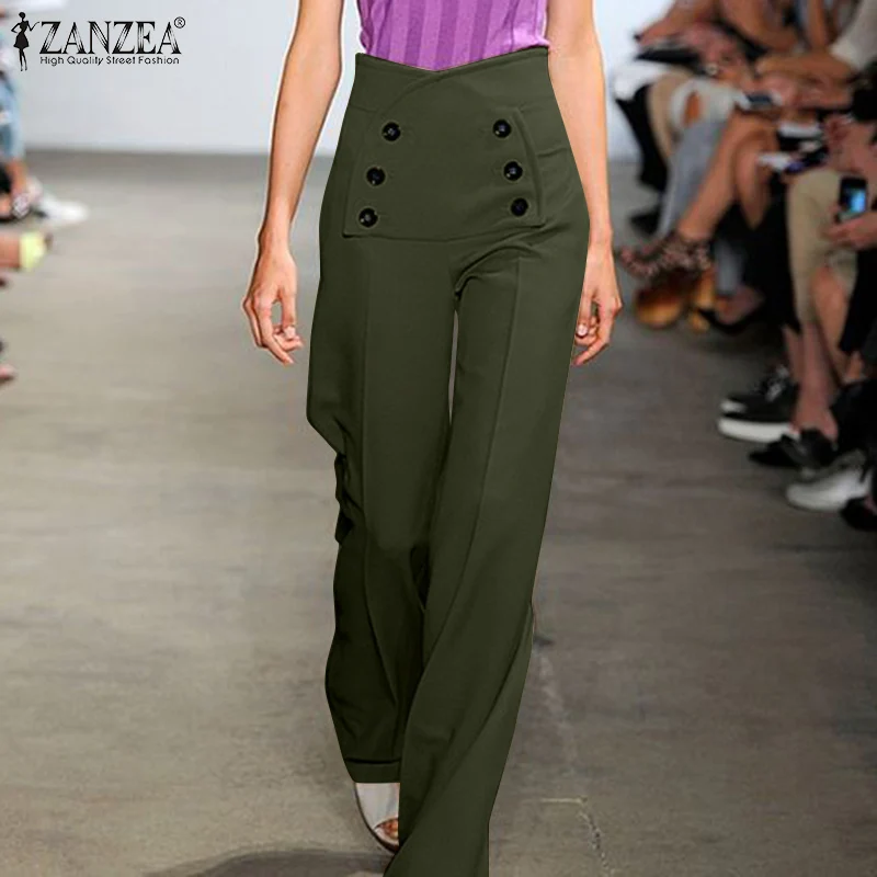 

2022 Office Lady Zip Up Trouser Fashion Women High Waist Pants ZANZEA Casual Solid Straight-leg Pants Oversized Pantalon Palazzo