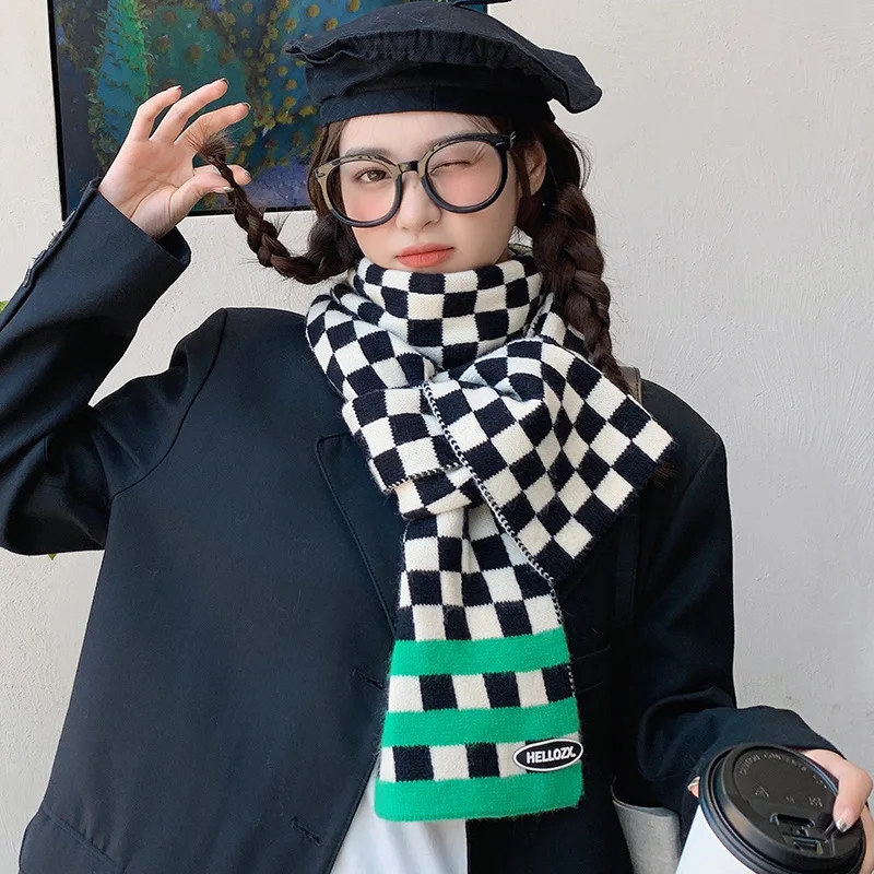 

Woolen Yarn Neckerchief Korean Style Knitted Scarf for Women Warm Fashion Winter Femme Thick Elastic Shawl Plaid Wraps Bufanda