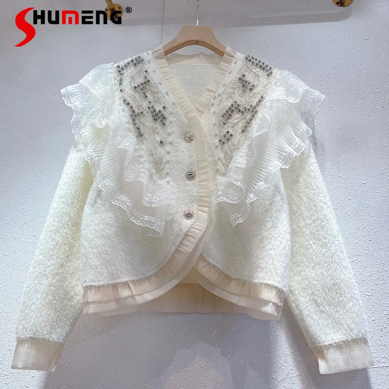 

2022 Winter New Women Fashion Sweet Cardigan Coat Ladies Fairy Exquisite Rhinestone Lace Ruffled Loose V-neck Cardigan Mink Top