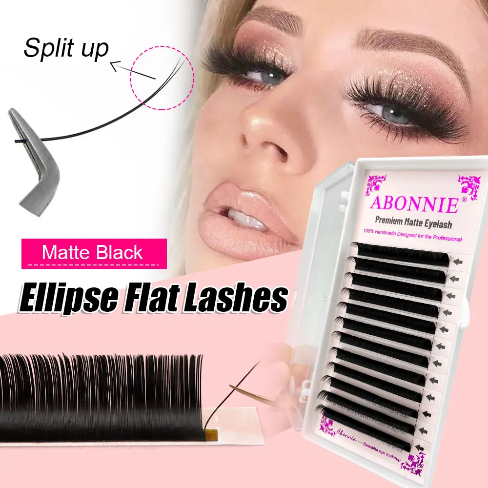 

ABONNE Soft Faux Mink Volume Ellipse Flat Lashes Extension Supplier Private Label Split Tips Black Brown Ellipse Flat Eyelash