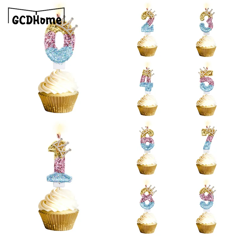 Birthday Party Number Candles Glitter Gold Pink Crown Candle for Kids Girls Boys Birthday Party Cake Topper Insert Decorations images - 6