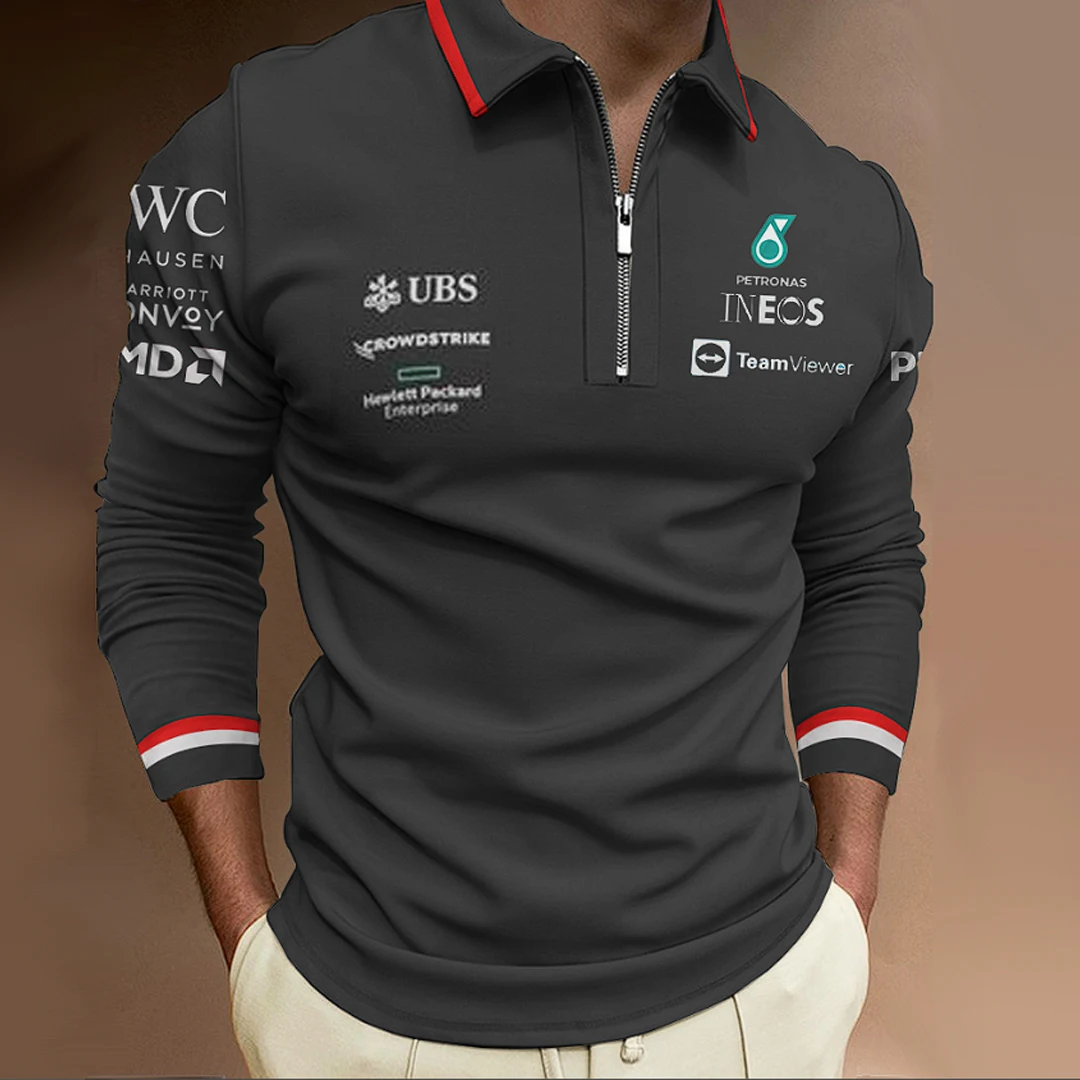 

Men's zippered long sleeved polo, high-end clothing for racing enthusiasts, AMG Mercedes Benz team, F1, Formula One, new, spring