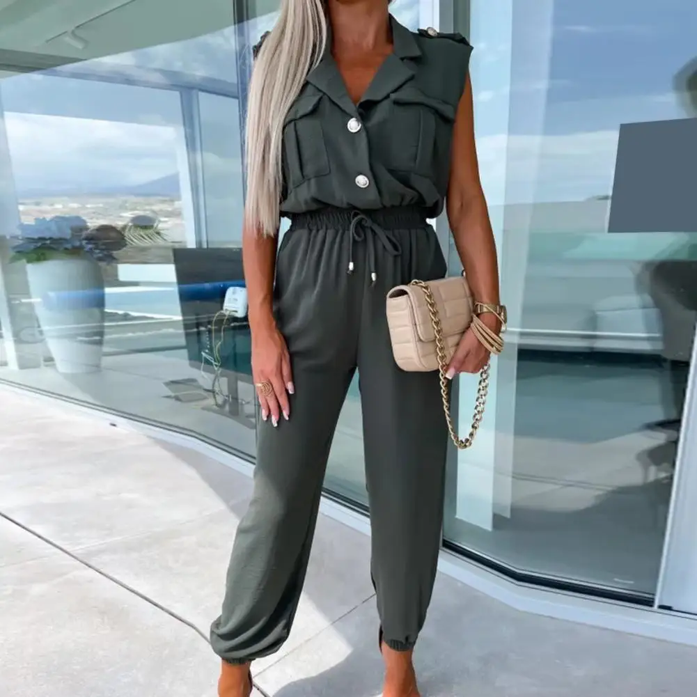 

Women Jumpsuit Lapel V-neck Sleeveless Office Lady Jumpsuit Flap Pockets Elastic Waistband Pockets Wide Leg Long Romper