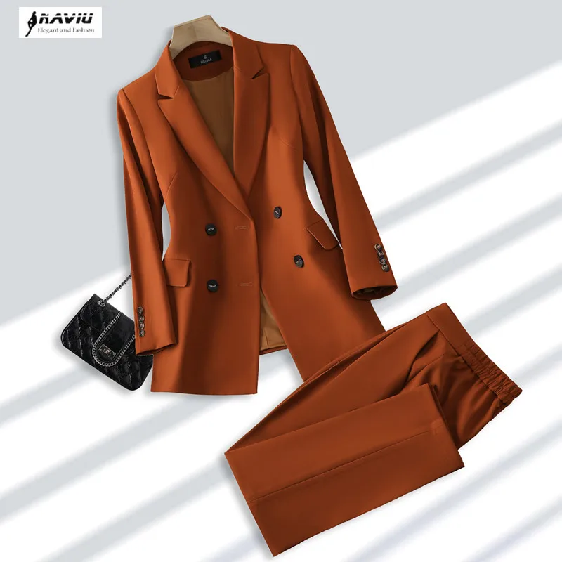 High End Suits Women Autumn Winter New Fashion Casual Temperament Slim Double Breasted Blazer And Pants Office Ladies Work Wear