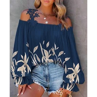 summer women plants print lace patch cold shoulder top 2022 summer casual cold shoulder long sleeve daily blouse autumn t shirts