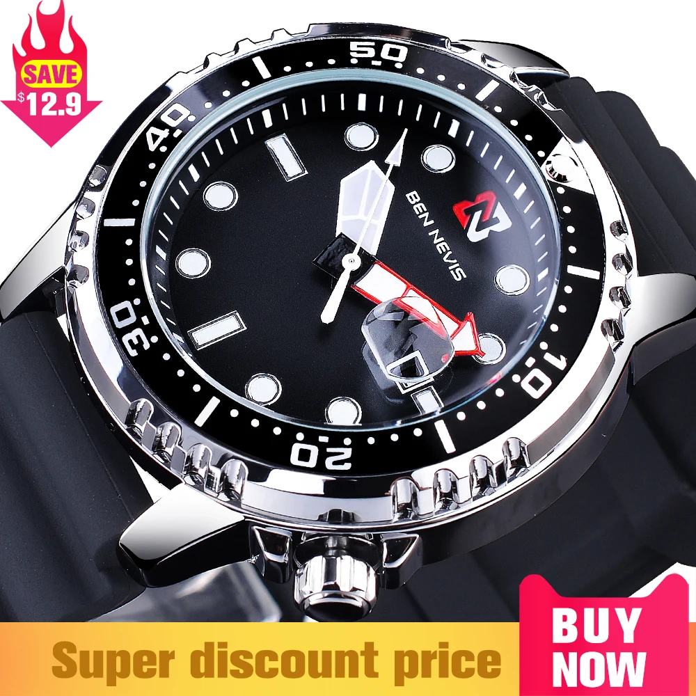 

Men Sport Watch with Rubber Strap BEN NEVIS Black Waterproof Quartz Watches Male with Gift Box Luminous Hands Relógio Masculino