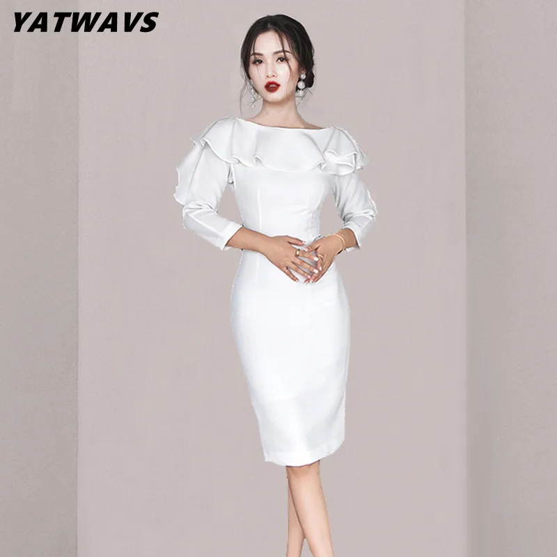 

Женское облегающее платье-карандаш, элегантное белое платье средней длины с оборками в Корейском стиле на осень