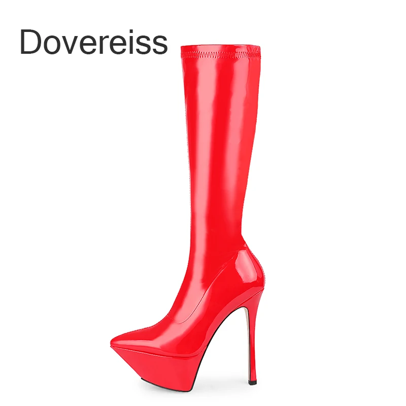 

Dovereiss 2022 Winter Stilettos Heels Ladies Boots Rose Red Knee High Boots Zipper Platform Fashion Waterproof New41 42 43 44 45