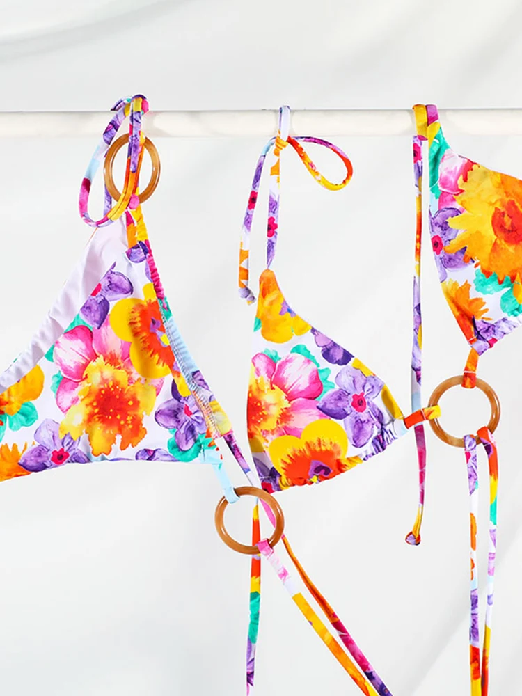 

Sexy Halter Bikini Triangle Swimsuit Women Swimwear Floral Print Biquini Micro Bikini Set Beachwear String Bathing Suit