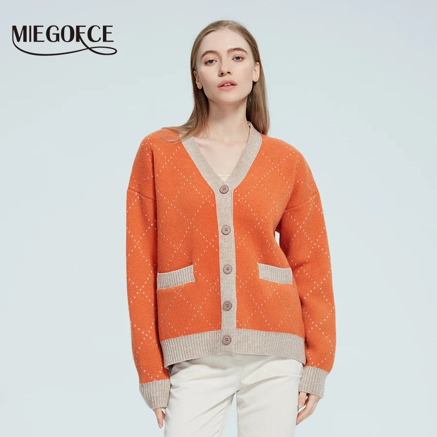 

MIEGOFCE 2022 Autumn/Winter Women Knitted Sweater Patterned Long Sleeve Top Single Breasted Pocket Cardigan Sweater 2021AW015